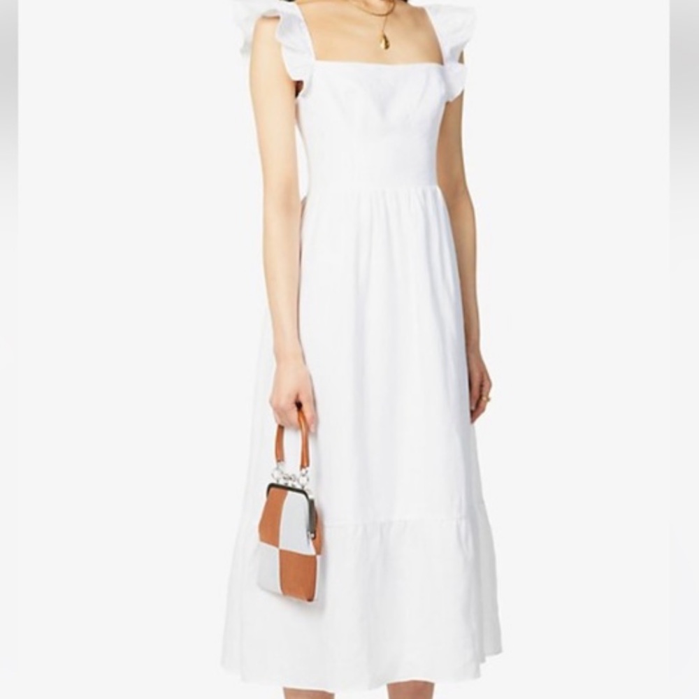 Reformation Lucila Smocked Ruffle Linen Voile Midi Dress White Size 8 NWT